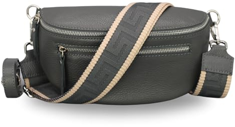 BRISE Bauchtasche Damen Echtes Leder Lucia Handgemachte Umhängetasche Crossbody Bag mit Ledergurt + Optionalen Breiten Gemusterten Riemen 3 Fächer Stylische Hüfttasche Made in Italy (Dunkelgrau - 3)