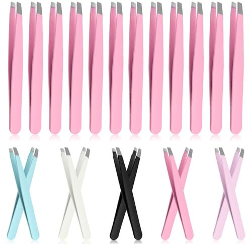 Glarks Lot de 12 pinces à épiler de précision professionnelles en acier inoxydable à pointe inclinée pour homme et femme Rose