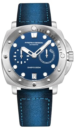 Pagani Design 1767 Herrenuhr Herren Automatik 41MM Edelstahlgehäuse Saphirspiegel Herrenuhr mit Automatikaufzug Nylonarmband. (Argento e blu)