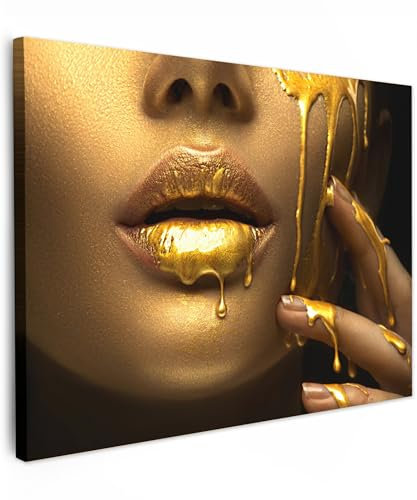 MuchoWow© Leinwandbild 40x30 cm Dekoration Wohnzimmer Bilder Aufhängen Wall Decoration Living Room Wohnungs Deko Moderne Frau - Gold - Lippen - Porträt