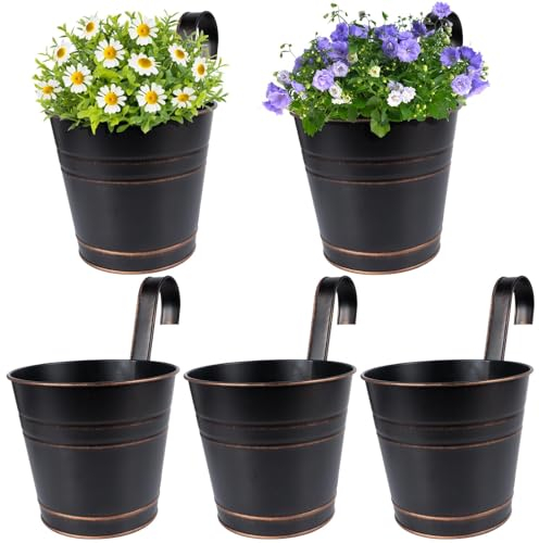 BOFUNX 5pcs Vintage Hanging Flower Pots, Metal Black Plant Pots Hanging Planters with Detachable Hooks for Railing Fence Balcony Garden (Vintage Black, 15.5cm)
