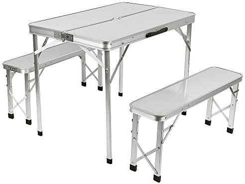Willonin Klapptisch, Koffer, Alumium, zwei Bänke, 90 x 60 x 70 cm, klappbarer Campingtisch aus Aluminium, Holzoptik, Campingtisch, Party, Grill (Weiß-Silber)