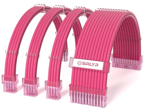 Sirlyr Transparent Connector PSU Cable Extension Kit Customed PC Power Supply Extend Mod 16AWG with 24 Pin ATX × 2/8 Pin EPS × 1/ Gold-Plated 8Pin Pcie × 2,Soft Nylon Braided Pink