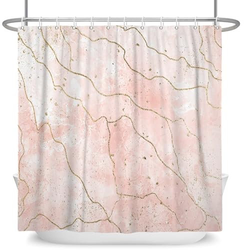 ASDCXZ Marmor Duschvorhang Rosa 180x180 cm, Modern Abstrakt Rose Weiß Gold Bunt Marmor Optik Textur Waschbar Bad Duschvorhänge Polyester Textil Wasserdicht Duschvorhang für Badewanne mit 12 Haken
