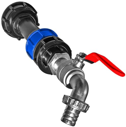 MegaHaustechnik IBC Adapter S60x6 Grobgewinde Innendurchmesser 60mm mit 3/4 Zoll Messing Auslaufhahn mit PE Rohr Außendurchmesser 32mm Klemmringanschluss Wasserhahn Container Tank Zubehör Kugelhahn