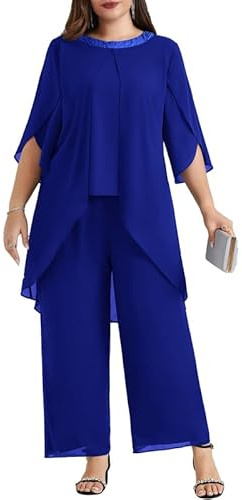Hanna Nikole Costumes pour mère de la mariée grande taille en mousseline avec pantalon pour invitée de mariage 2 pièces, tenue de festival élégante, costumes de soirée avec col rond et taille haute en