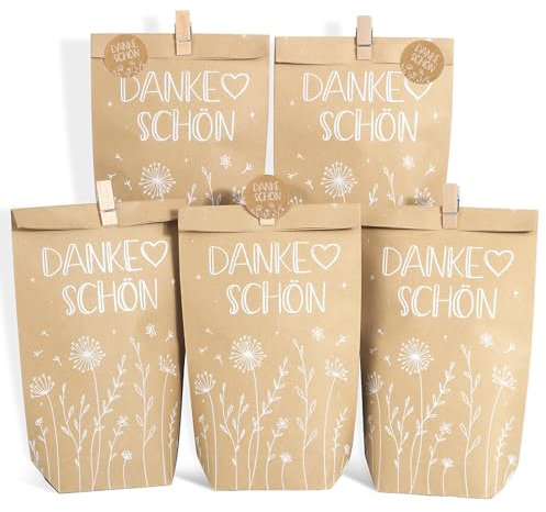 BOFUNX 12pcs Geschenktüten Set - Dankeschön Kraftpapiertüten+12pcs Holzklämmerchen+12pcs Aufklebern zum Verpacken für Einschulung Hochzeit Geburtstag Taufe Konfirmation Kommunion