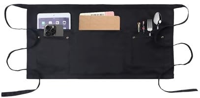 MIKI WELL Waitress Apron with 5 Pockets - Black Waist Apron Short Half Work Aprons for Waitress Waiter Women Men Chef (Black)