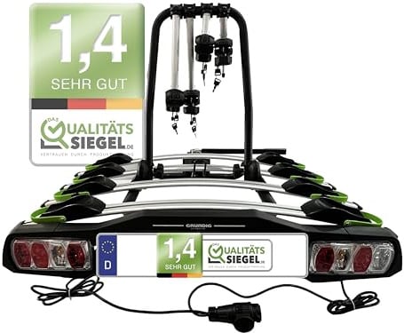 GRUNDIG Automotive Messeneuheit 2025 Fahrradträger Anhängerkupplung 4 Fahrräder, Bis 60Kg, Diebstahlschutz, Fahrradträger Auto für 4 Fahrräder, Santorin 9-4F (Silber)