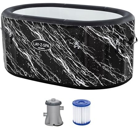Bestway Lay-Z-SPA FortiFiber Eisbad Glacial Dip, 152 x 92 x 71 cm, 420 Liter, Thermo-Abdeckung, Filterpumpe, Ganzjahresschutz, Marmor-Optik, DEKRA-Zertifiziert, inkl. Handpumpe & Tragetasche