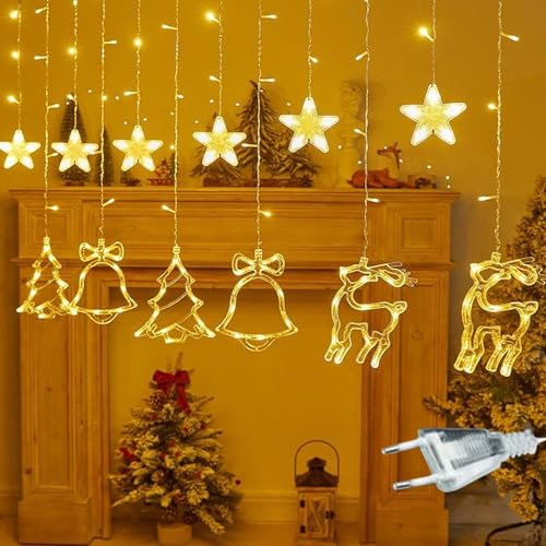 KEELYY Lichterkette mit 12 LED Sternen Elch Glocken Weihnachtsdeko Lichtervorhang mit 8 Modi Weihnachtsbeleuchtung Stimmungslichter Weihnachten Dekobeleuchtungkette für Fenster, Schlafzimmer, Innen