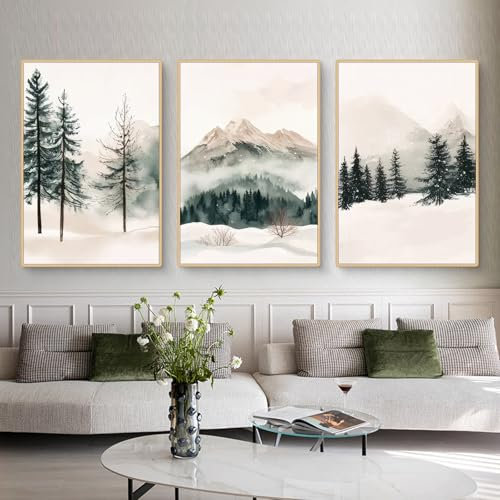 Ueiwffzo 3er Poster Set, Wanddeko Wohnzimmer, Winter Pflanzen Schneeberge Wandbilder ohne Rahmen, Premium Leinwandbilder Stilvolle Wanddeko für Wohnzimmer Schlafzimmer Weihnachten (40 x 50 cm)