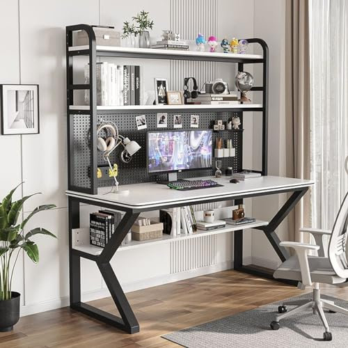 Schreibtisch für das Homeoffice mit Stecktafel, großer PC-Tisch, Computertisch mit Regalen, multifunktionale Werkbank, Arbeitszimmer, Schreibtisch (119,4 cm B x 169,9 cm H x 59,9 cm T, weiß)