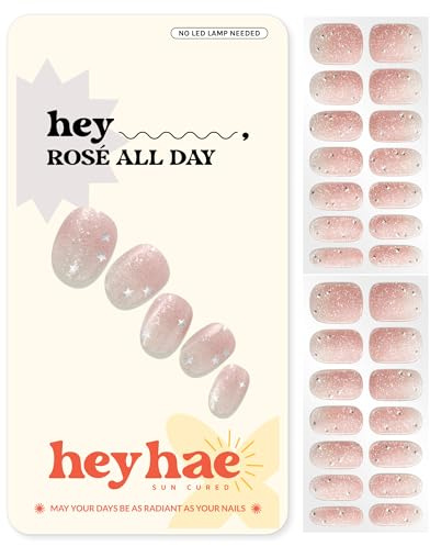 Heyhae Semi Cured Gel Nail Strips - Hey, Rosé All Day | Pink Glitter | Sun Cured No UV Light Needed, Salon Quality, Easy Apply & Remove | 28 Strips, Prep Pad, Nail File Wooden Stick
