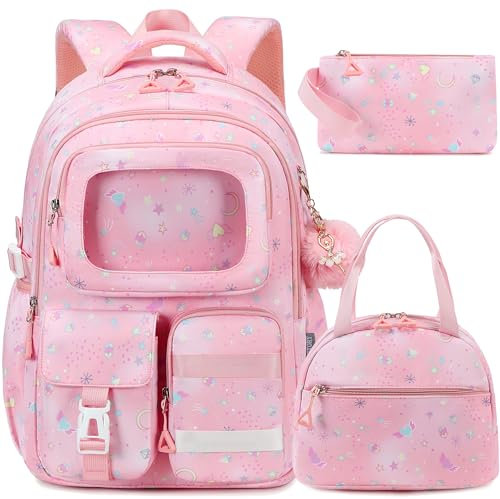 AO ALI VICTORY Backpack for Girls with Lunch Bag Pencil Case Kids School Bags for Kindergarten Elementary Middle Primary Schoolbag Cute 16 inch Laptop Bookbag Students 3 PCS Cute Bookbag, Pink Set