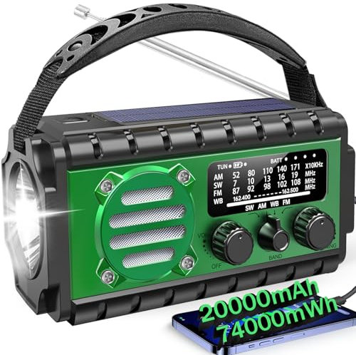 Aivica Radio de emergencia de 20000 mAh, radio meteorológica SW/NOAA/AM/FM, manivela de mano alimentada por energía solar con batería Bige, portátil, carga de teléfono celular, SOS, linterna para