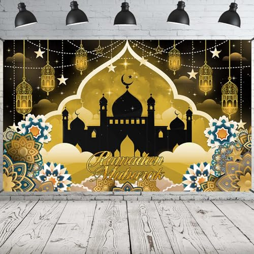Ramadan Mubarak Banner, Extra Große Stoff Eid Kareem Hintergrund für Dekorationen, 72 x 44 Zoll Stern Mond Laternen Schlösser Photo Booth Hintergrund für Islamische Muslimische Al-Fitr Party Supplies