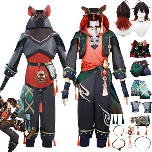 bbganlian Genshin Impact Gaming Cosplay Kostüm Outfit Spiel Charakter Uniform Komplettes Set Halloween Party Karneval Dress Up Anzug mit Perücke Kopfschmuck Halskette für Männer (XS)