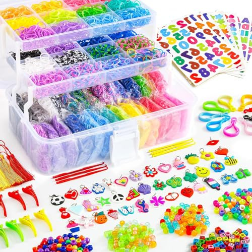 17500+ Rubber Loom Bands with 3 Layer Transparent Container, 28 Colours, 600 S-Clips, 352 Beads, 40 Cartoon Pendant, Bracelet Making Refill Kit for Kids