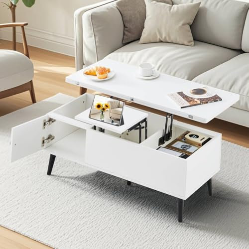 CLIPOP Lift Top Coffee Table with Storage, 3 in 1 Coffee Table with Extendable 100cm Dining Tabletop, Centre Table for Home Living Room, White