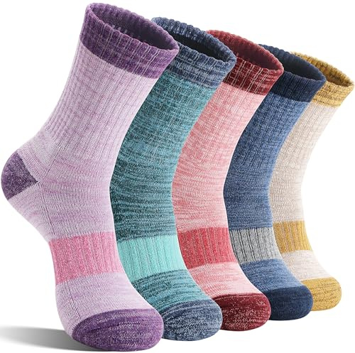 SAVALOS Merino Wool Hiking Socks for Women Thermal Warm Winter Cozy Work Crew Gifts Socks 5 Pairs Stocking Stuffers (Assorted A,M)