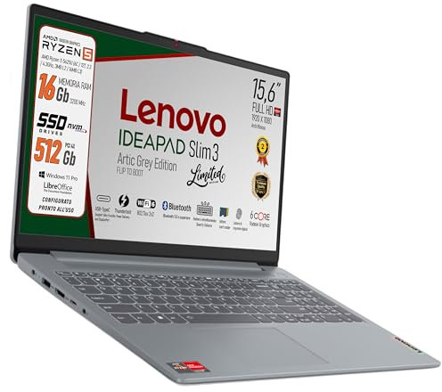 Lenovo, pc portatile Notebook, AMD Ryzen 5 5625U, 6 Core, Ram 16Gb, Display IPS FHD 15,6, SSD Nvme 512Gb, Wi-Fi 6, Bt, fingerprint, USB type-c, Tastiera retroilluminata, Win11 Pro, Pronto all'Uso