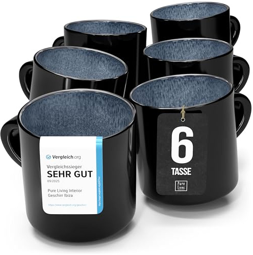 Steingut kleine Tassen 6 Pers. Ibiza Hochwertiges Mediterranes TEST SEHR GUT Tassen Set, Spülmaschinen-, Mikrowellen- und Kratzfest - Stylisches Tee- und Kaffeebecher Set - Pure Living in Rauchblau