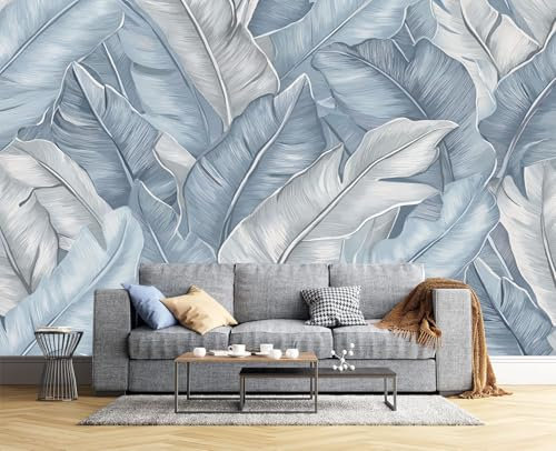 Papier Peint Panoramique Feuilles De Bananier Rayées Soie, 150X105Cm, Poster Geant Mural Bleu Ciel, Personnalisé 3D Pour Salon Chambre D'Enfants Restaurant Décoration Murale Plantes Tropicales