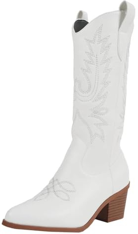 YXADGML Camperos Texani Donna Stivali a metà Polpaccio for Donna, Stivali da Cowgirl Western Ricamati alla Moda, Stile Vintage, Stivali con Tacchi Alti Bianchi(White,37)