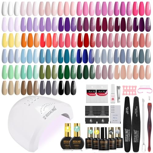 ROSALIND Uñas Semipermanentes Kit Completo 48W Lámpara 44+4 Piezas Rosa | Kit Uñas Semipermanentes Verde Rojo Azul Morado Gris,Mini Pintauñas Gel Kit Manicura Principiantes Regalo