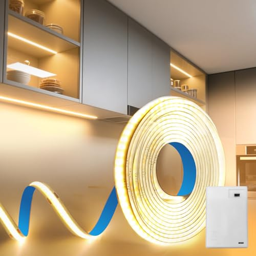 BAGZY Battery LED Strip Light COB 1M 5V Battery Powered LED Strip Tape Lights Warm White 3000K Self Adhesive Flexible Uniform Dotless Cuttable 320LEDs/M for Kitchen Mirror Bedroom Cabinet Decor