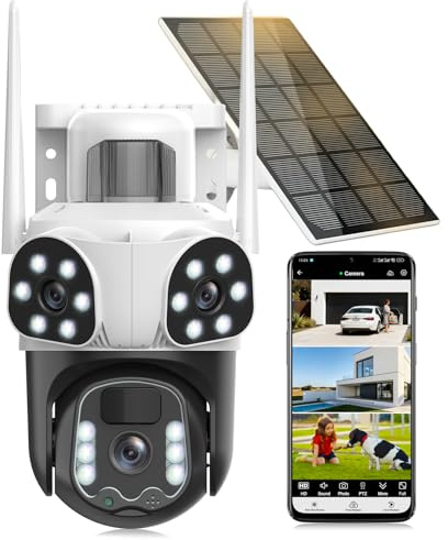 8MP Camera Surveillance WiFi Exterieure sans Fil,à triple objectif/Camera Solaire/Batterie,2.4/5G WIFI,360° PTZ Sécurité à Domicile,Vision Vocturne,Alarme,Audio Bidirectionnel,Suivi Automatique,IP66