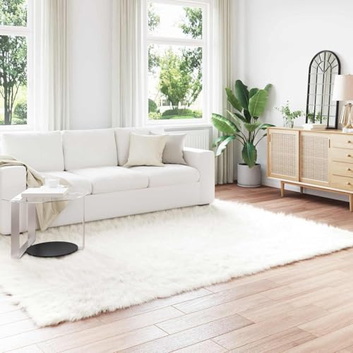 Tonture Kunstschaffell Teppich Tafalla Weiß, 240 x 340 cm, Polyester Flokati Teppich für Wohnzimmer, Schlafzimmer, Esszimmer Dekor, extra weich, langlebig, gemütlicher Bodenschutz Innenbereich
