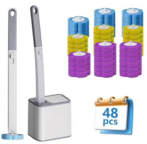 Disposable Toilet Brush and Holder Set with 48 Cleaner Refills