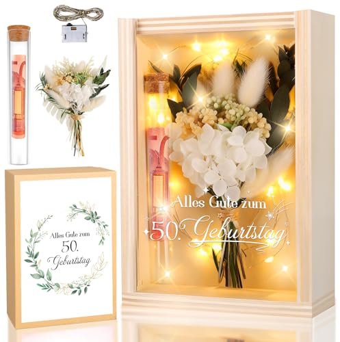 TUZELIYA 50 Geldgeschenke Geburtstag Frau Mann, Geschenkbox inklusive Trockenblumen+LED Lichterkette+Reagenzglas, Personalisiertes Geschenke zum 50 Geburtstagszahlen, 50 Jahre Geburtstag Deko