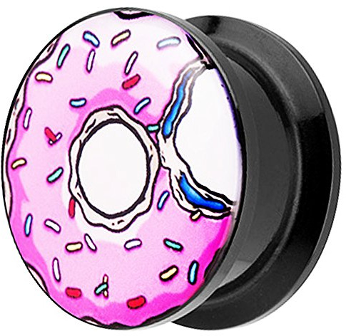 Piersando Ohr Plug Piercing Kunststoff Motiv Comic Picture Flesh Tunnel Ohrplug mit Donut Pink Rosa Schwarz