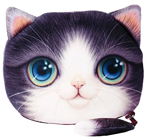 Flauschiger Geldbeutel Münzbörse Make-up- und Kosmetiktasche für Junge Frauen und Mädchen Süßes Katzenmotiv Animal Print Katzenohren und Schwänzchen Reißverschluss (Violett-Weiß)