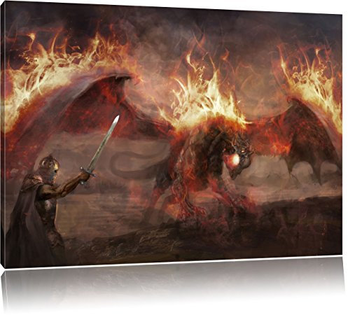 Pixxprint Ritter Drachen Feuer, Größe: 100x70cm, Leinwandbild, fertig gespannt, Wandbild, Dekoration, Kunstdruck, kein Poster