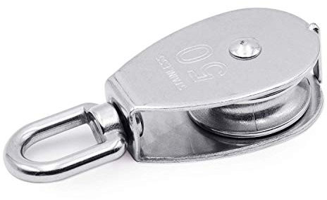 Famgee 50 MM Silver Single Pulley Block 304 Stainless Steel M50 Wire Rope Single Sheave Pulley Roller Swivel Rigging Lifting Wheel Loading 400kg