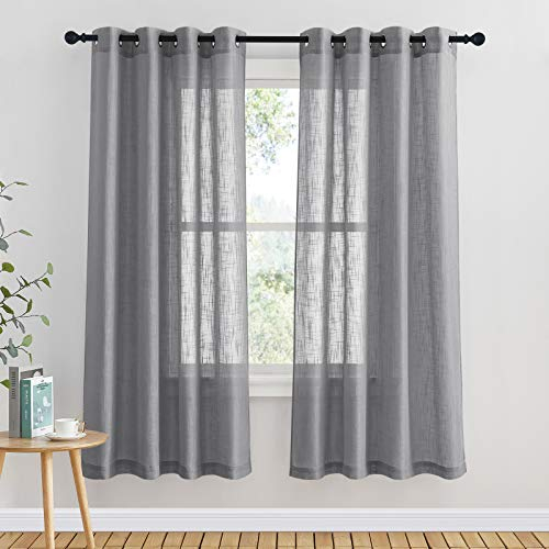 PONY DANCE Dark Grey Net Curtains 63 Inch Drop - Linen Look Voile Panels with Eyelet Top Faux Linen Semi Transparent Sheer Curtains in Modern Style for Home Decoration, Set of 2, 52 x 63 Inches