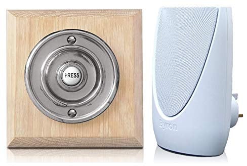 Byron 100m Wireless Period Plug-in Doorbell kit Push on Plinth (Natural Oak Chrome)
