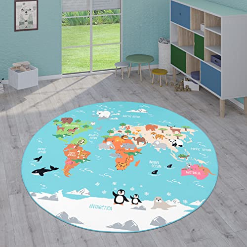 Paco Home Kinderteppich Teppich Kinderzimmer Spielteppich Junge Mädchen Modern rutschfest, Grösse:160 cm Rund, Farbe:Türkis
