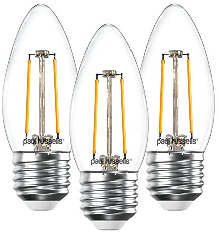 paul russells LED Candle Filament Light – 2.5W 25W Equivalent Replacement, 250LM Lumens, 2700K Warm White, ES E27 Edison Screw C35 Bulbs – Bright Energy Saving Non-Dimmable Lamps - 3 Pack