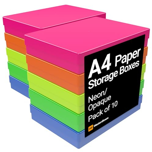 WestonBoxes A4 Colourful Transparent Plastic Craft Storage Boxes with Lids for Art Supplies, Paper and Card (NEON Mix/Opaque, Pack of 10)