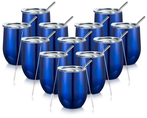 COMOOO Tumbler Glass Bulk with Lid and Straw 12oz Double Wall Vacuum Insulated Travel Tumbler Cup Stemless for Hot and Fred Drinks Coffee, Wine, Cocktails (Royal Blue, 12)