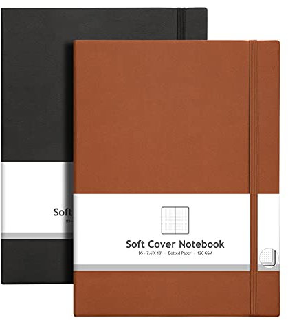 AHGXG Bullet Dotted Journal 2 Pack – B5 großes Tagebuch mit Punktraster (19,1 x 25,4 cm) mit dickem 120 g/m² Punktpapier, weicher Ledereinband, insgesamt 384 Seiten, Innentasche, Schwarzbraun