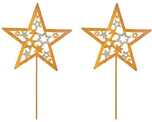 weihnachtlicher stimmungsvoller Garten-Stecker Stern am Stab Dekostern Metall rostig mit Goldglitzer Preis für 2 Stück
