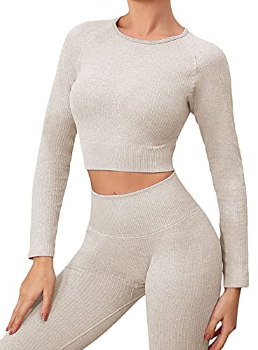 ZHENGHAO Buscando Womens Gym Sets 2 Piece Long Sleeve Workout Crop Top Tank Ribbed High Waist Seamless Leggings Tracksuits Activewear Yoga Outftis (S, Kahki)