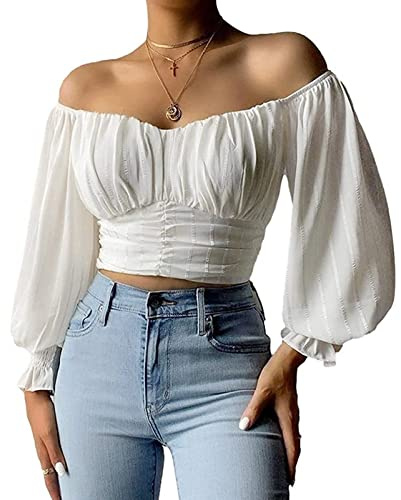 MIRACMODA Womens Elegant Off The Shoulder Puff Sleeve Blouse Summer Chiffon Slim Fit Party Crop Top White