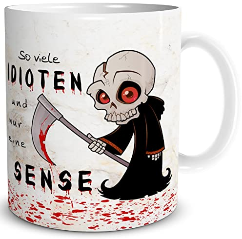 TRIOSK Tasse So viele Idioten und nur eine Sense mit Sensenmann Spruch lustig Fun Horror Geschenk für Arbeit Büro Kollegen Männer Frauen Beige, Keramik 300ml